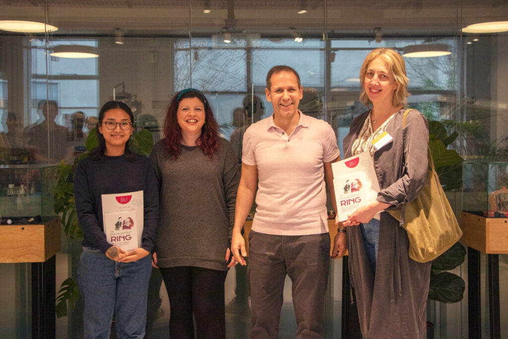 Lewis Malka and course elader Eleni Zolia presenting awards to BAJ jewellery design students.